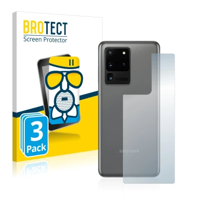 Front side of a product packaging with the brand logo BROTECT. Next to it is the device Samsung Galaxy S20 Ultra (Back) shown
