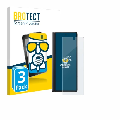 Front side of a product packaging with the brand logo BROTECT. Next to it is the device Samsung Galaxy Z Fold 2 5G shown with 