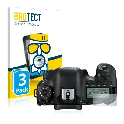 Front side of a product packaging with the brand logo BROTECT. Next to it is the device Canon EOS 6D (top plate display) shown