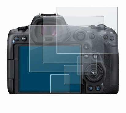 Image of the device Canon EOS R5 with a wide variety of screen protectors.