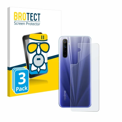 Front side of a product packaging with the brand logo BROTECT. Next to it is the device realme 6 (Back) shown with the corresp