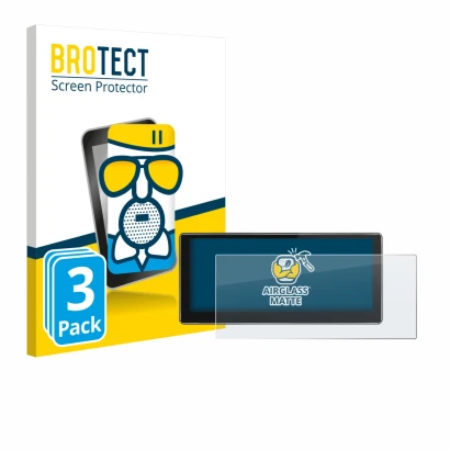 Front side of a product packaging with the brand logo BROTECT. Next to it is the device Joying 4G Car Radio 10.25" shown with 