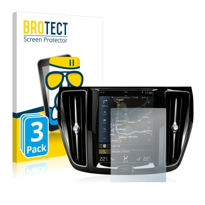 Front side of a product packaging with the brand logo BROTECT. Next to it is the device Volvo S60 Sensus Connect 2020 shown wi