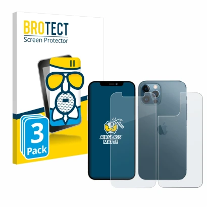 Front side of a product packaging with the brand logo BROTECT. Next to it is the device Apple iPhone 12 Pro (Front+Back) shown