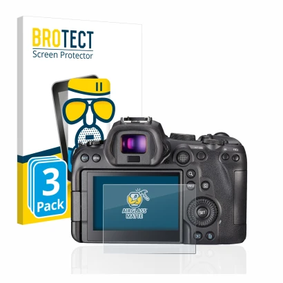 Front side of a product packaging with the brand logo BROTECT. Next to it is the device Canon EOS R6 shown with the correspond