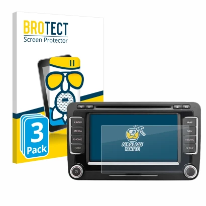 Front side of a product packaging with the brand logo BROTECT. Next to it is the device Volkswagen Eos 2011 RNS 510 6.5" shown