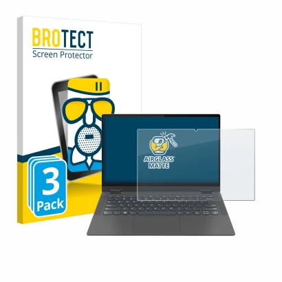 Front side of a product packaging with the brand logo BROTECT. Next to it is the device Lenovo IdeaPad Flex 5 14" 2020 shown w