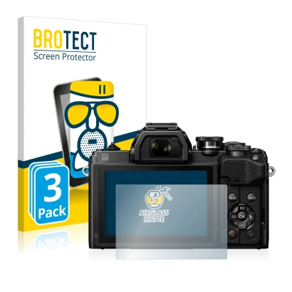 Front side of a product packaging with the brand logo BROTECT. Next to it is the device Olympus OM-D E-M10 Mark IV shown with
