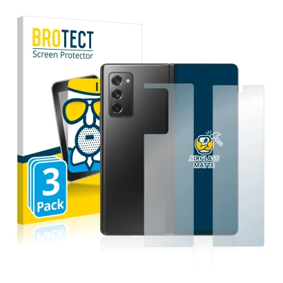 Front side of a product packaging with the brand logo BROTECT. Next to it is the device Samsung Galaxy Z Fold 2 5G (Front+Back