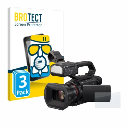 Front side of a product packaging with the brand logo BROTECT. Next to it is the device Panasonic HC-X1500 shown with the corr