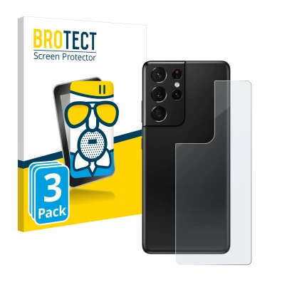 Front side of a product packaging with the brand logo BROTECT. Next to it is the device Samsung Galaxy S21 Ultra 5G (Back) sho