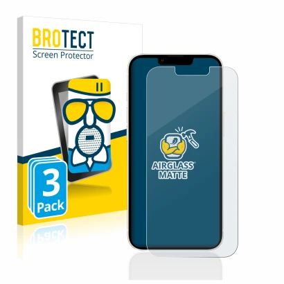 Front side of a product packaging with the brand logo BROTECT. Next to it is the device Apple iPhone 13 shown with the corresp