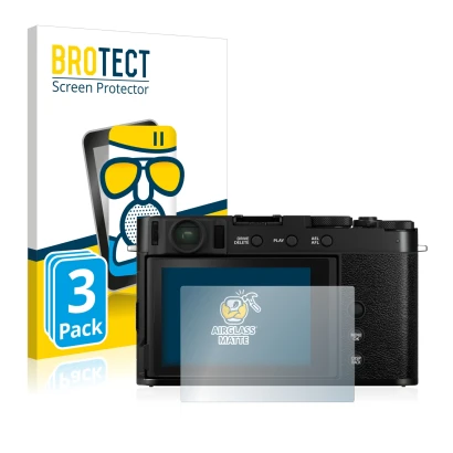 Front side of a product packaging with the brand logo BROTECT. Next to it is the device Fujifilm X-E4 shown with the correspon
