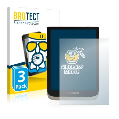 Front side of a product packaging with the brand logo BROTECT. Next to it is the device PocketBook InkPad Color shown with the