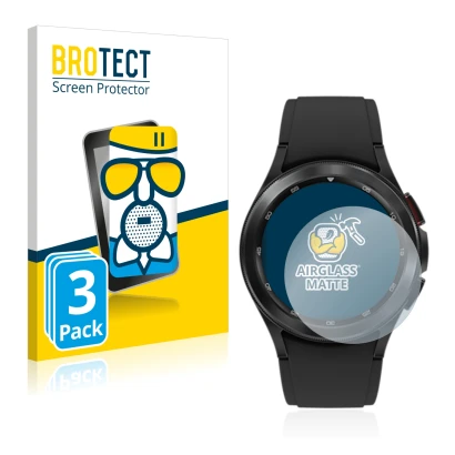 Front side of a product packaging with the brand logo BROTECT. Next to it is the device Samsung Galaxy Watch 4 Classic (42mm) 