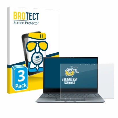 Front side of a product packaging with the brand logo BROTECT. Next to it is the device ASUS ZenBook Flip 13 UX363EA shown wit