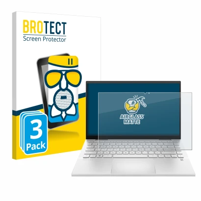 Front side of a product packaging with the brand logo BROTECT. Next to it is the device HP Pavilion x360 (14-dyX) shown with t