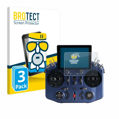 Front side of a product packaging with the brand logo BROTECT. Next to it is the device FrSky Tandem X20S shown with the corre