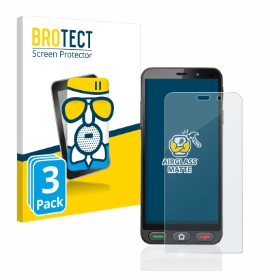 Front side of a product packaging with the brand logo BROTECT. Next to it is the device Brondi Amico S Nero shown with the cor