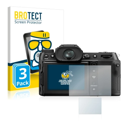 Front side of a product packaging with the brand logo BROTECT. Next to it is the device Fujifilm GFX50S II shown with the corr