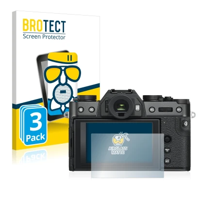 Front side of a product packaging with the brand logo BROTECT. Next to it is the device Fujifilm X-T30 ll shown with the corre
