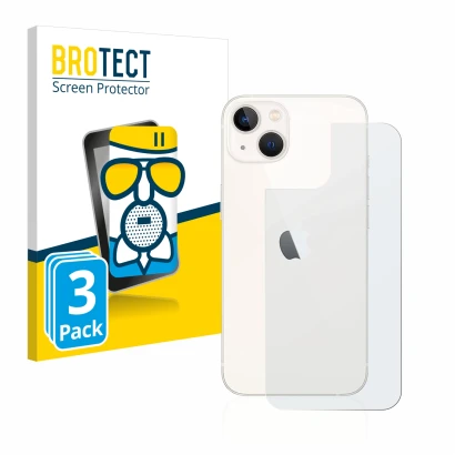 Front side of a product packaging with the brand logo BROTECT. Next to it is the device Apple iPhone 13 (Back) shown with the