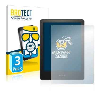 Front side of a product packaging with the brand logo BROTECT. Next to it is the device Amazon Kindle Paperwhite 2021 Signatur