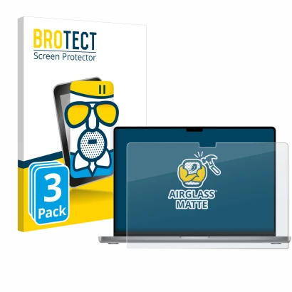 Front side of a product packaging with the brand logo BROTECT. Next to it is the device Apple MacBook Pro 16