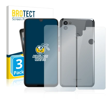 Front side of a product packaging with the brand logo BROTECT. Next to it is the device Gigaset GS5 (Front+Back) shown with th