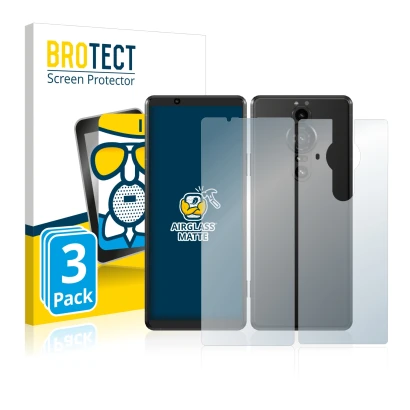 Front side of a product packaging with the brand logo BROTECT. Next to it is the device Sony Xperia Pro-I (Front+Back) shown w