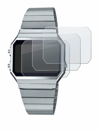 Image of the device Casio A700WE with a wide variety of screen protectors.
