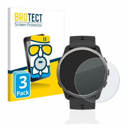 Front side of a product packaging with the brand logo BROTECT. Next to it is the device Suunto 5 Peak shown with the correspon