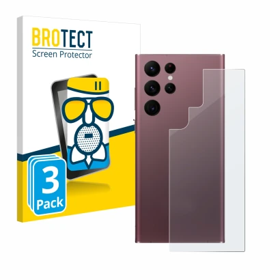 Front side of a product packaging with the brand logo BROTECT. Next to it is the device Samsung Galaxy S22 Ultra 5G (Back) sho