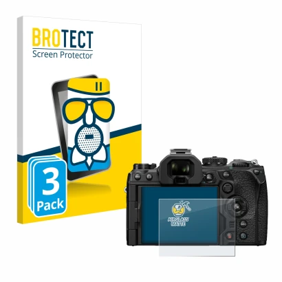 Front side of a product packaging with the brand logo BROTECT. Next to it is the device Olympus OM-1 2022 shown with the corre