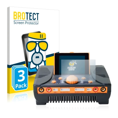 Front side of a product packaging with the brand logo BROTECT. Next to it is the device Junsi iCharger 406 Duo shown with the 
