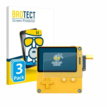 Front side of a product packaging with the brand logo BROTECT. Next to it is the device Panic Playdate shown with the correspo