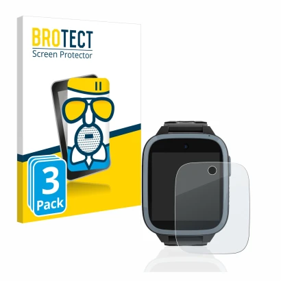 Front side of a product packaging with the brand logo BROTECT. Next to it is the device Xplora XGO3 (1st Gen.) shown with the 