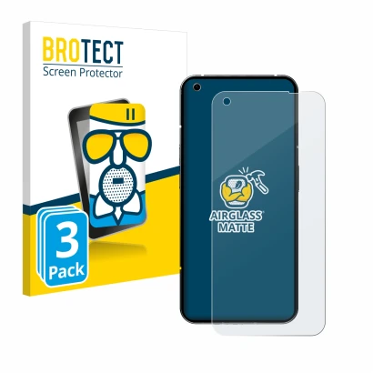 Front side of a product packaging with the brand logo BROTECT. Next to it is the device Nothing Phone (1) shown with the corre