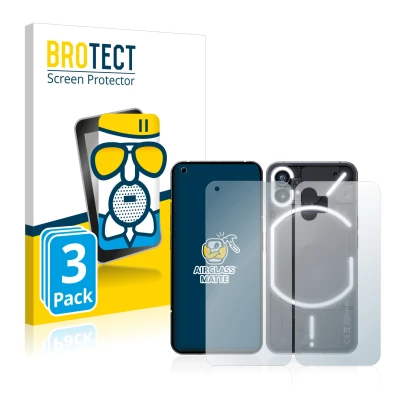 Front side of a product packaging with the brand logo BROTECT. Next to it is the device Nothing Phone (1) (Front+Back) shown w
