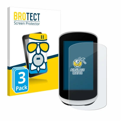 Front side of a product packaging with the brand logo BROTECT. Next to it is the device Garmin Edge Explore 2 shown with the c