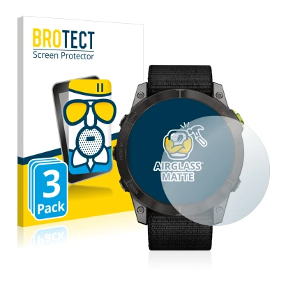 Front side of a product packaging with the brand logo BROTECT. Next to it is the device Garmin Enduro 2 shown with the corresp