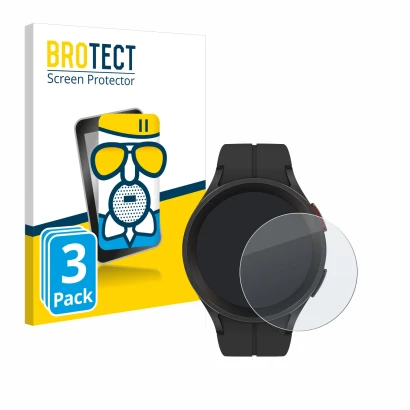Front side of a product packaging with the brand logo BROTECT. Next to it is the device Samsung Galaxy Watch 5 Pro shown with 