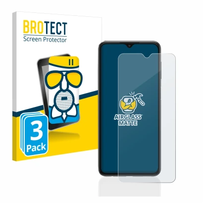 Front side of a product packaging with the brand logo BROTECT. Next to it is the device Samsung Galaxy A23 5G shown with the c