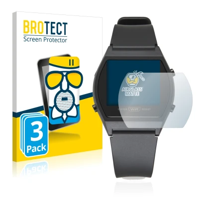 Front side of a product packaging with the brand logo BROTECT. Next to it is the device Casio LW-204-1BEF shown with the corre