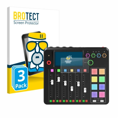 Front side of a product packaging with the brand logo BROTECT. Next to it is the device Rode Rodecaster Pro II shown with the