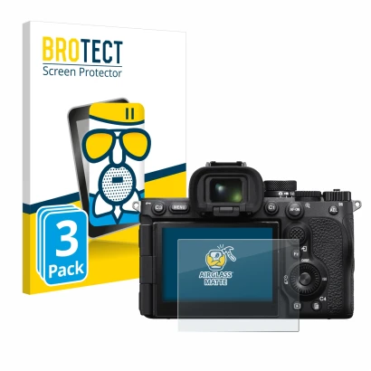 Front side of a product packaging with the brand logo BROTECT. Next to it is the device Sony Alpha 7R V / a7R V shown with the