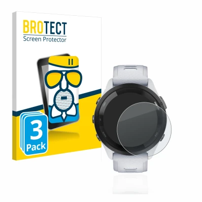 Front side of a product packaging with the brand logo BROTECT. Next to it is the device Garmin Forerunner 265 (46 mm) shown wi
