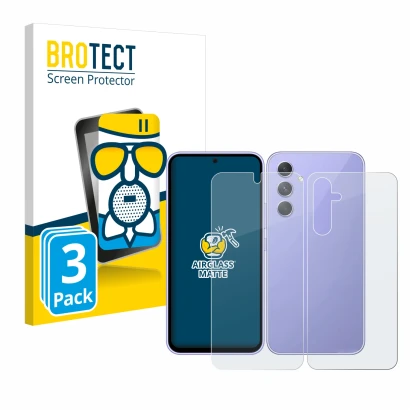 Front side of a product packaging with the brand logo BROTECT. Next to it is the device Samsung Galaxy A54 5G (Front+Back) sho