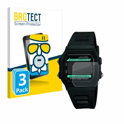 Front side of a product packaging with the brand logo BROTECT. Next to it is the device Casio W-86-1VQES shown with the corres
