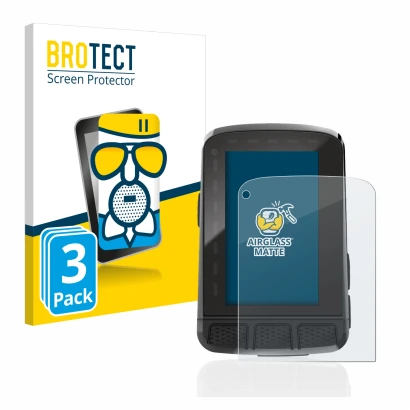 Front side of a product packaging with the brand logo BROTECT. Next to it is the device Wahoo Elemnt Roam 2 shown with the cor
